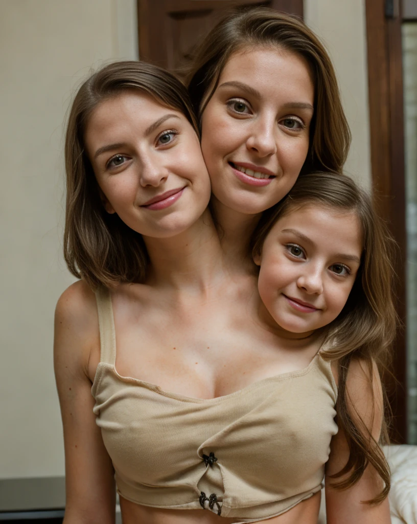 Two headed girl, (a 10 year old girl and a 30 year old woman:1.5), (mom and daughter:1.5), (redhead daughter and brunette mom:1.3), (uncomfortable:1.3)