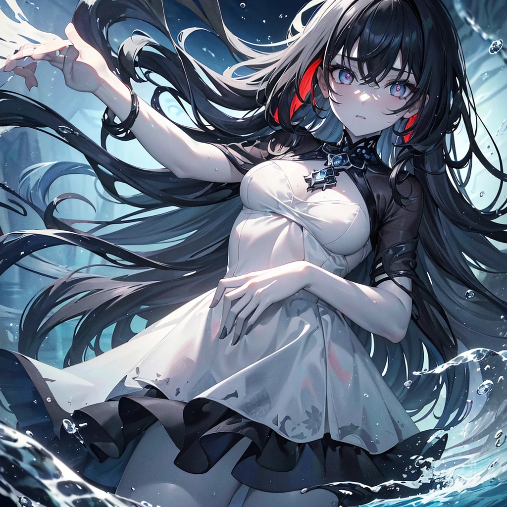 (masterpiece,best quality,ultra-detailed),1girl, black hair,beautiful and detailed face, detailed eyes,looking at viewer, multicolored eyes,((grey theme),pale skin, glowing eyes ,in the sea,((night)),dark ambient,(underwater),(aquarelle) большая грудь