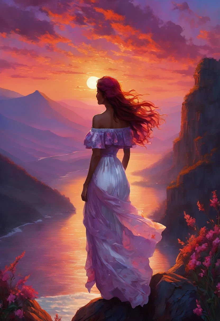 dramatic scene, a woman standing on a rocky terrain during sunset. view from behind, The style is highly detailed and realistic, with a focus on the dramatic sky and natural landscape. The woman has long, wavy red hair cascading down her back and is wearing a flowing, off-shoulder white dress with floral patterns. Her skin is fair, and she is gazing towards the horizon where the sun is setting behind distant mountains. The sky is a blend of deep purples, oranges, and pinks, creating a vibrant and serene atmosphere. Two birds are flying in the sky, adding to the sense of tranquility and freedom in the scene.