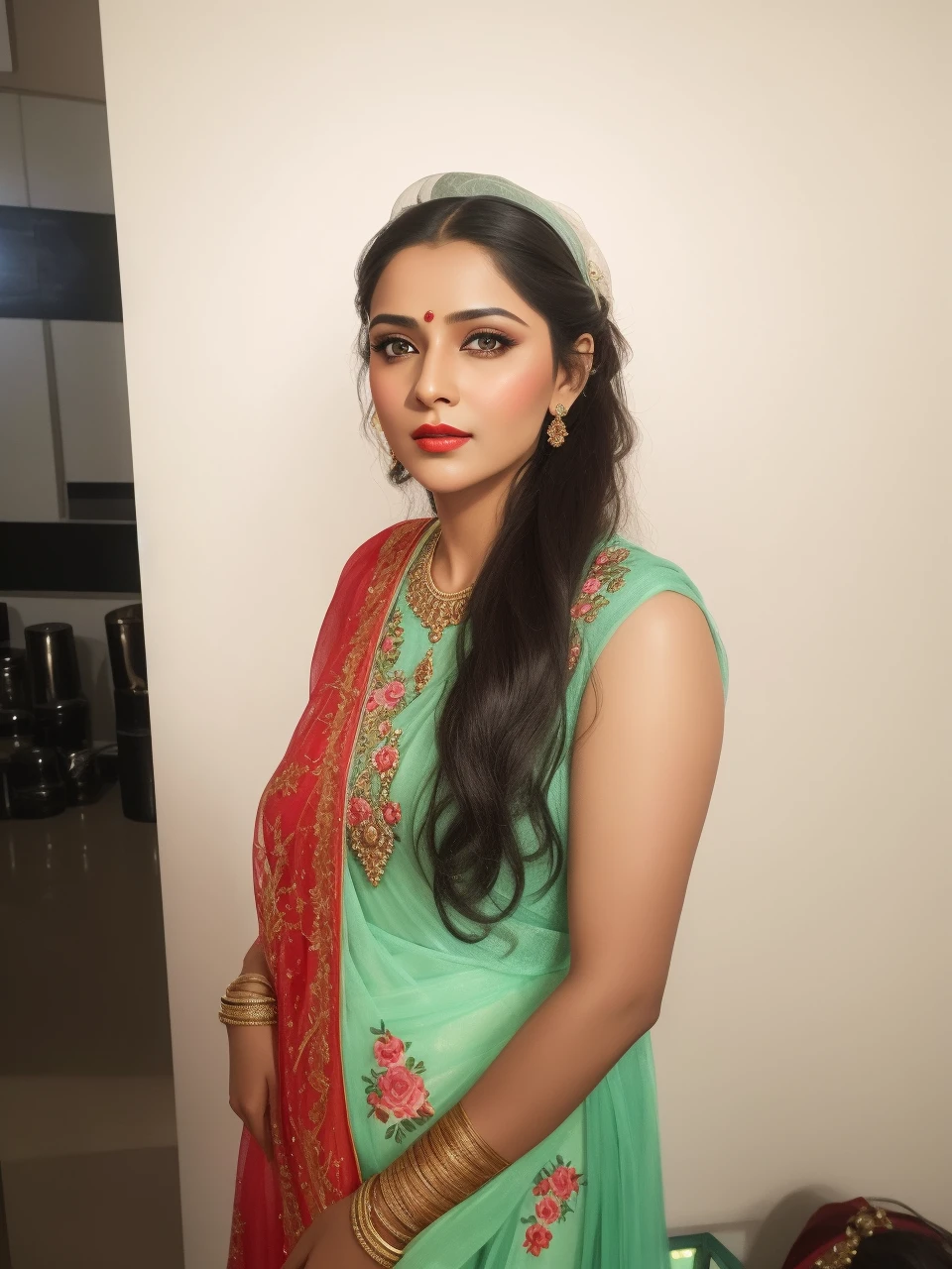 bollywood photo Rembrandt perfect eyes, bright red lips, front face, front look, full pose, fantastic face, beautiful look, detailed elegant dress, Victorian slate formal dress, elegant hair up, cute and little hat, blurred gray tones background, ultra focus, illuminated face, detailed face, 8k resolution, painted, dry brush, brush strokes, razumov style and garmash style, ultra hd, realistic, vivid colors, highly detailed, UHD drawing, pen and ink, perfect composition, beautiful detailed intricate insanely detailed octane render trending on artstation, 8k artistic photography, photorealistic concept art, soft natural volumetric cinematic perfect light
