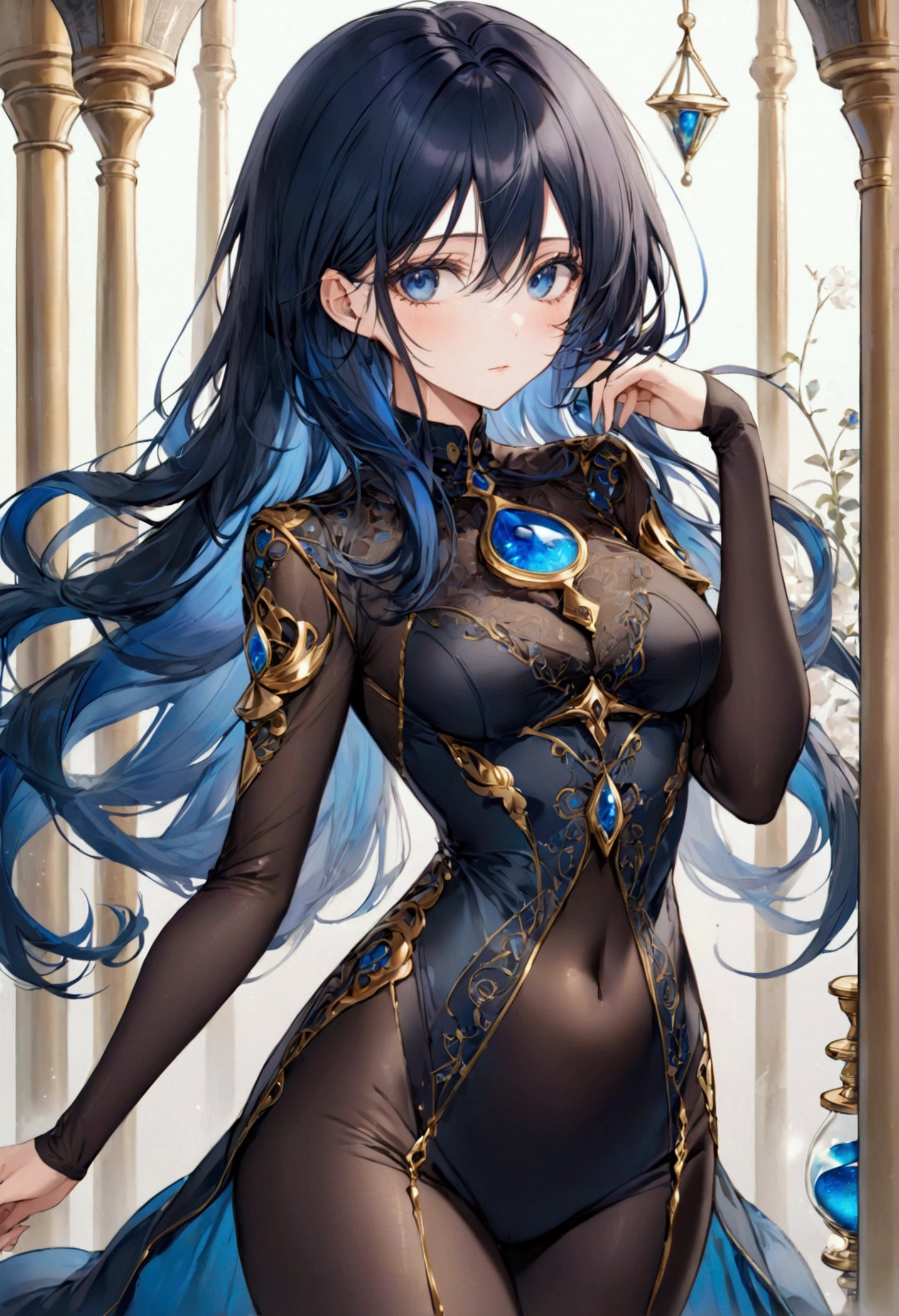 Adult female,long black blue hair, blue eyes,hourglass body figure