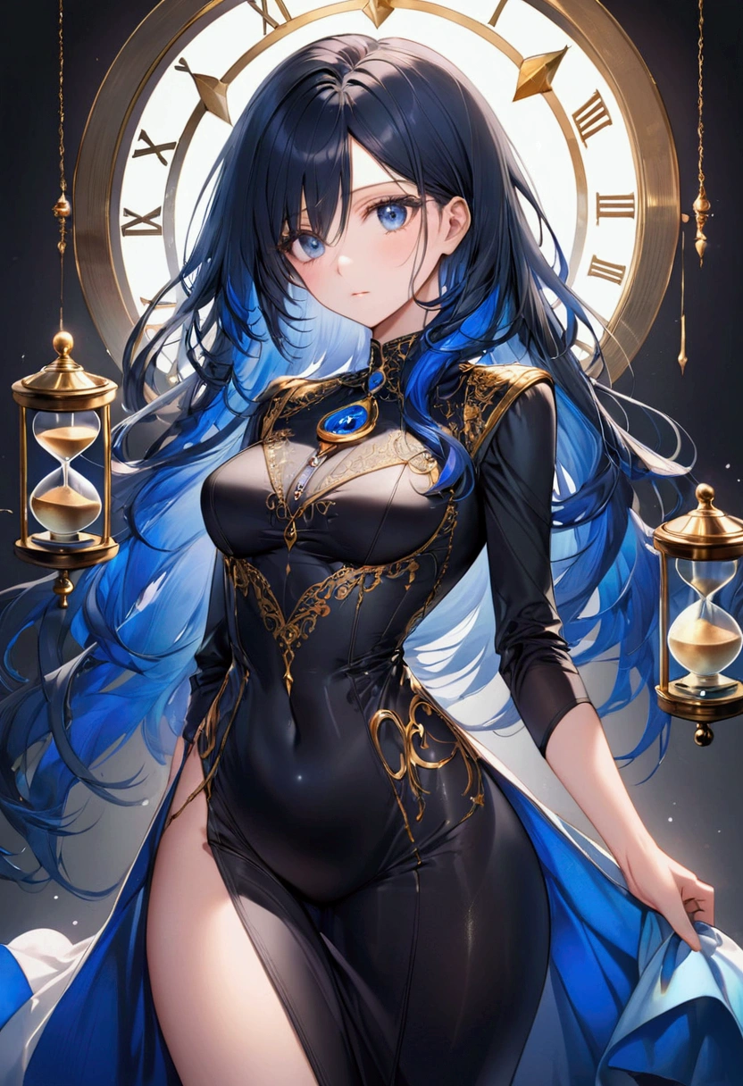 Adult female,long black blue hair, blue eyes,hourglass body figure