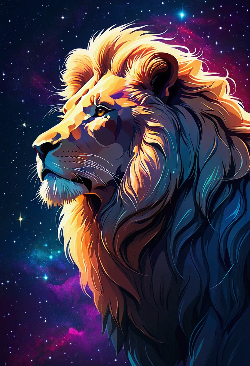 a lion stylized ((silhouette)) formed by bright stars. Cosmic background