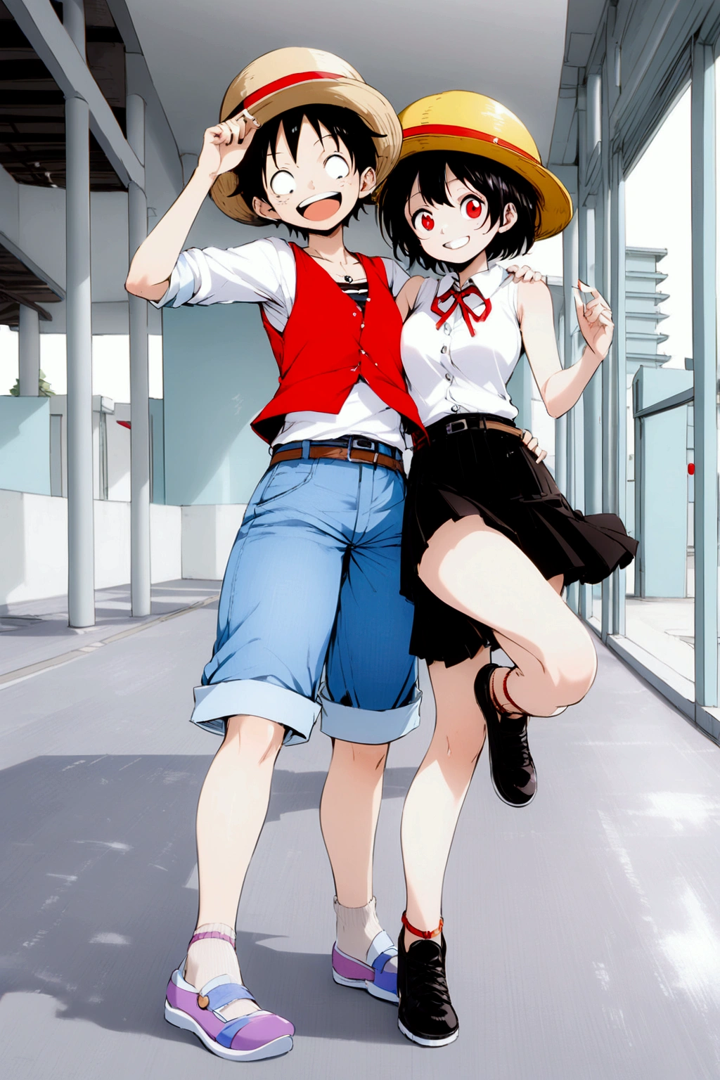young female college student, together with Luffy, at building