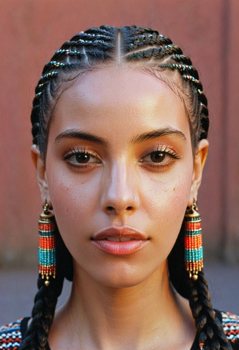 a woman's head. Her hair is in neat cornrows, geometric repeating patterns, coloured beads, fine dark hair, medium length. patterned. front view, showing her face. Moroccan North African influence