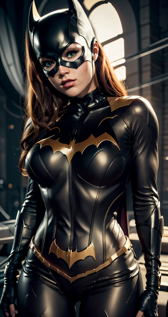 The character Batgirl, perfect costume, in the building, traditional black mask over her eyes, perfect anatomy, smooth curves, extremely detailed and realistic anatomy , upturned buttock