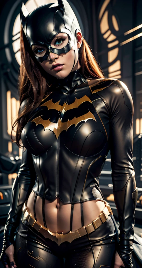 The character Batgirl, perfect costume, in the building, traditional black mask over her eyes, perfect anatomy, smooth curves, extremely detailed and realistic anatomy , upturned buttock 