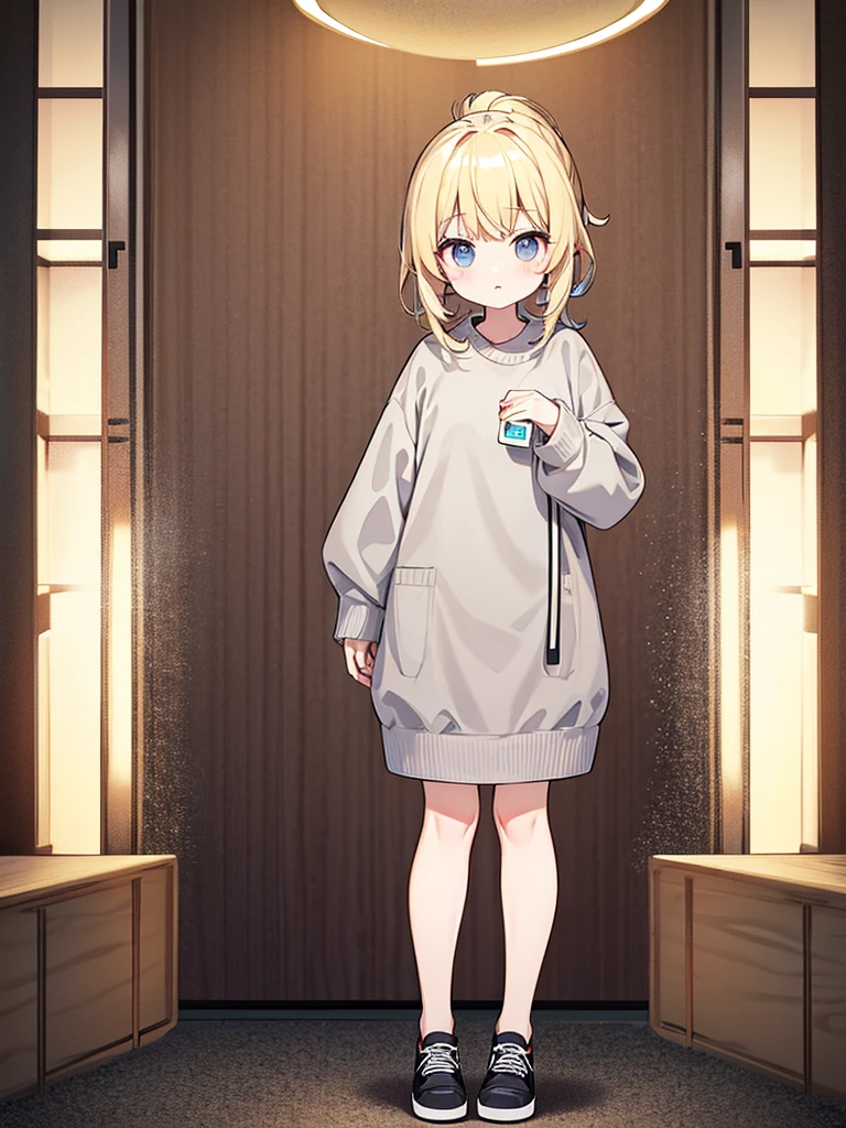 Full-body portrait、Are standing、Fluffy hair、Blonde、Lots of hair、Short ponytail、Grey sweater
