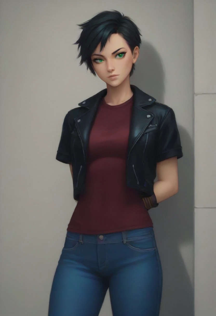 Masterpiece , highly detailed , best quality , perfect face , green eyes , fubuki , wearing black leather jacket over short sleeves red printed t-shirt and blue jeans , in city , arms bound behind back , looking at camera , standing still
