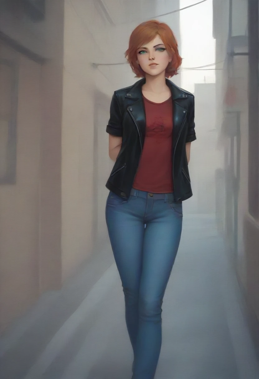 Masterpiece , highly detailed , best quality , perfect face , green eyes , fubuki , wearing black leather jacket over short sleeves red printed t-shirt and blue jeans , in city , arms bound behind back , looking at camera , standing still