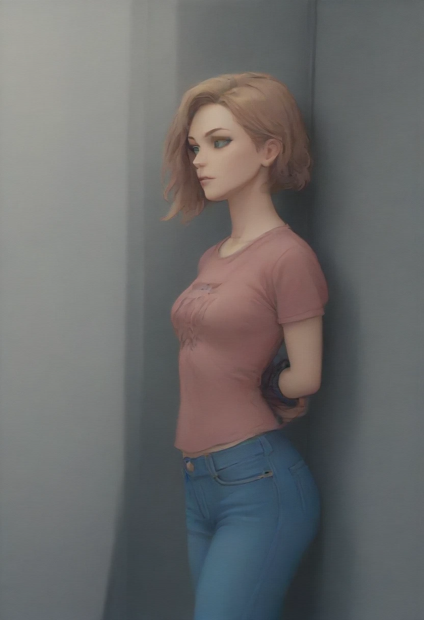 Masterpiece , highly detailed , best quality , perfect face , green eyes , fubuki , wearing black leather jacket over short sleeves red printed t-shirt and blue jeans , in city , arms bound behind back , looking at camera , standing still