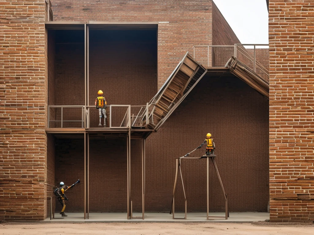 Create an image where a brick wall is being built by a humanoid robot with a rustic steel structure, the robot must be represented working with a bricklayer and the entire image must look as real as possible