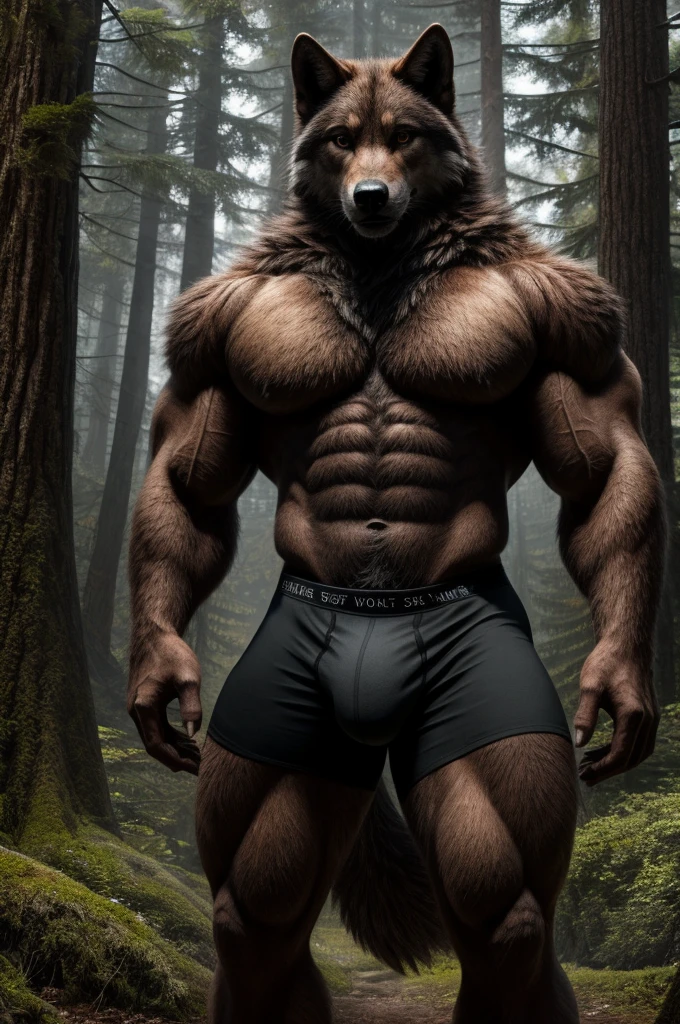 (full body shot), (realistic style), (furry), (humanoid), male wolf, full body brown fur, brown eyes, perfect muscular body, and biggest muscles, biggest pecs, and biggest thighs, wearing black boxer briefs, realistic forest background