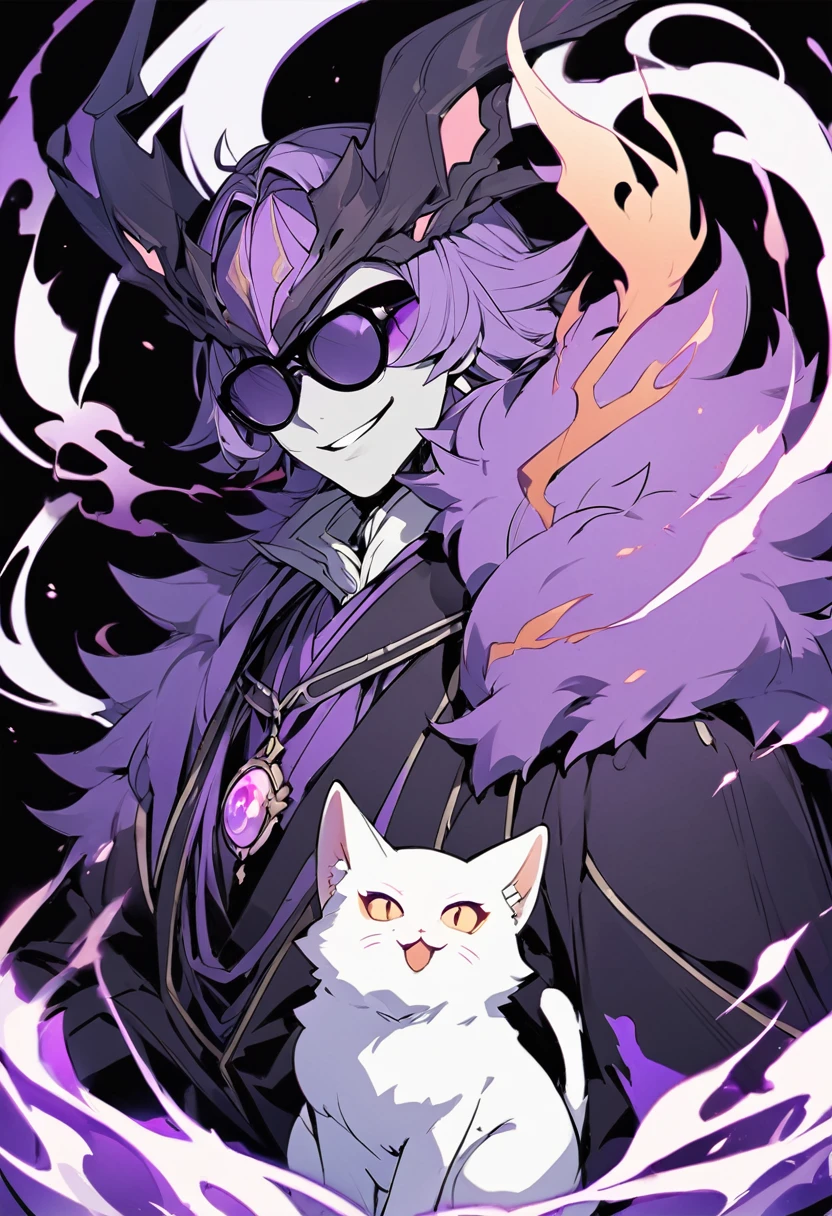 Kato - 400 y.o. familiar. Kato is a familiar - magical animal, that can use magic for his own protection and safety. He represents himself in a vision of a small white cat with fluffy fur and a slight purple colour around it, usually wearing round black sunglasses and smirking to anyone who could see him. His powers shows in ability to cast a special kind of cursed flames, coloured in purple.