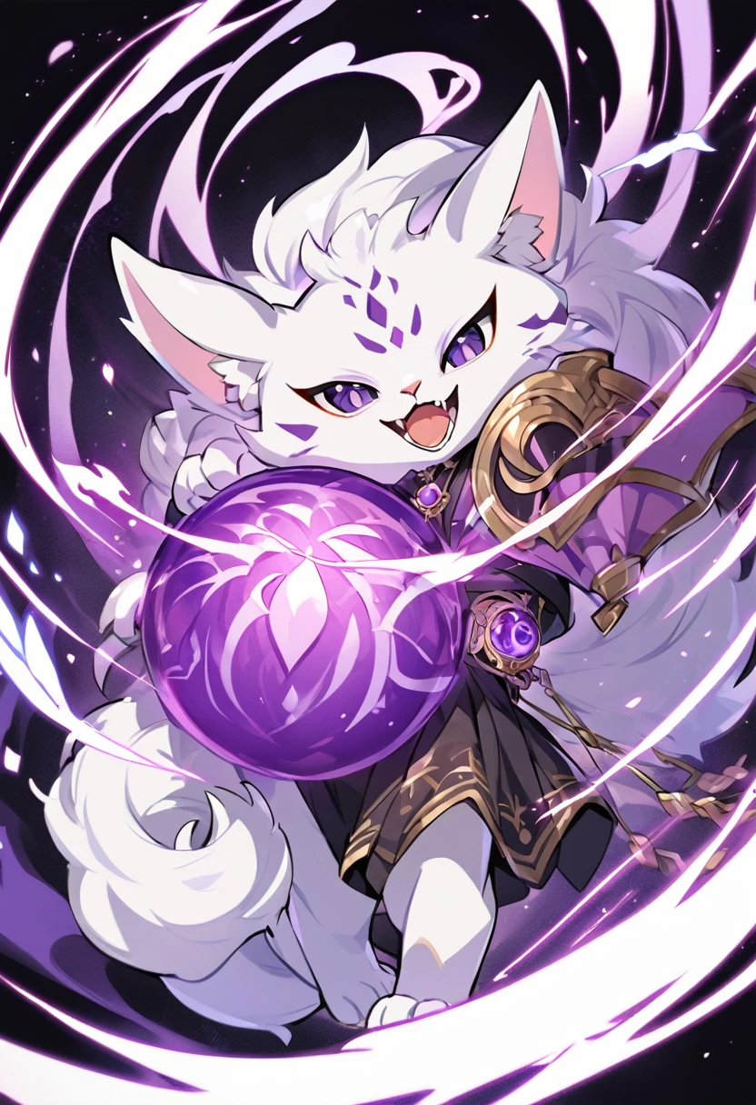 Kato - 400 y.o. familiar. Kato is a familiar - magical animal, that can use magic for his own protection and safety. He represents himself in a vision of a small white cat with fluffy fur and a slight purple colour around it, usually wearing round black sunglasses and smirking to anyone who could see him. His powers shows in ability to cast a special kind of cursed flames, coloured in purple.