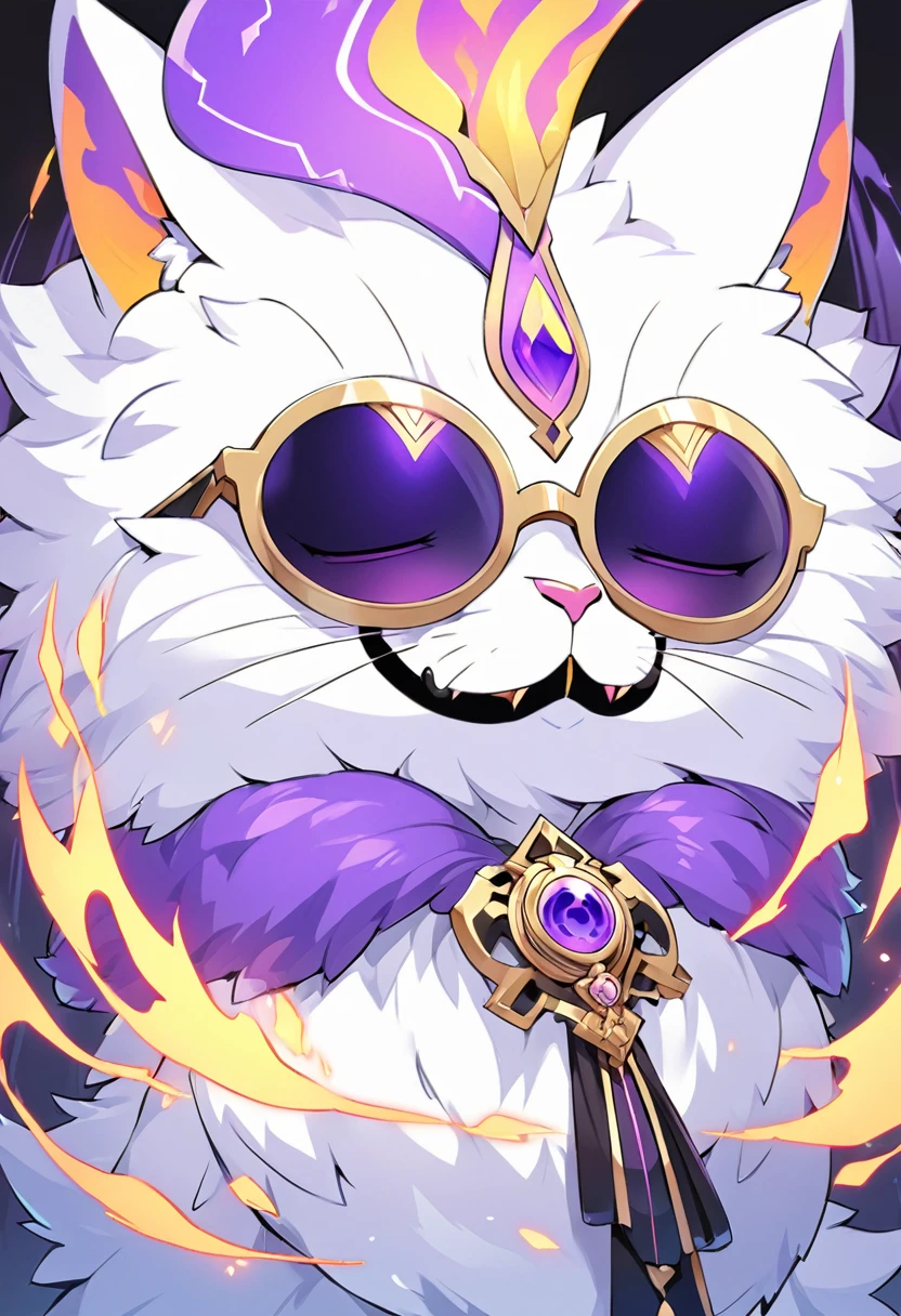 Kato - 400 y.o. familiar. Kato is a familiar - magical animal, that can use magic for his own protection and safety. He represents himself in a vision of a small white cat with fluffy fur and a slight purple colour around it, usually wearing round black sunglasses and smirking to anyone who could see him. His powers shows in ability to cast a special kind of cursed flames, coloured in purple.