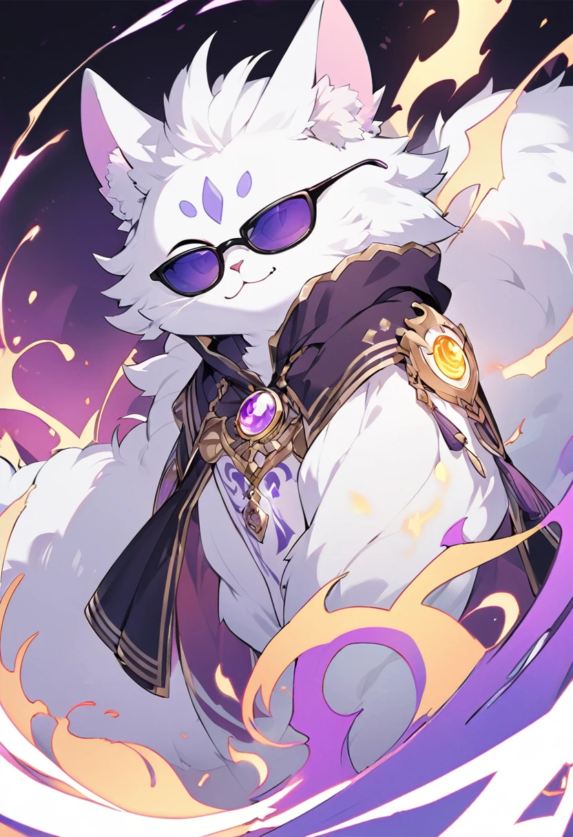 Kato - 400 y.o. familiar. Kato is a familiar - magical animal, that can use magic for his own protection and safety. He represents himself in a vision of a small white cat with fluffy fur and a slight purple colour around it, usually wearing round black sunglasses and smirking to anyone who could see him. His powers shows in ability to cast a special kind of cursed flames, coloured in purple.