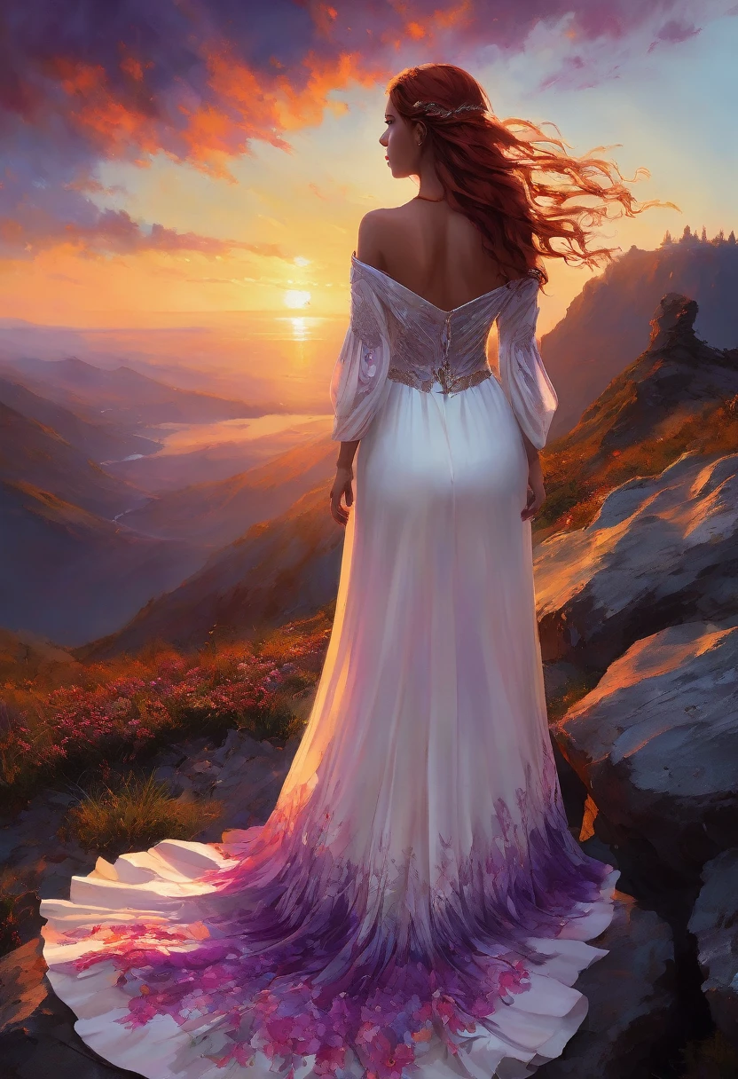 dramatic scene, a woman standing on a rocky terrain during sunset. view from behind, The style is highly detailed and realistic, with a focus on the dramatic sky and natural landscape. The woman has long, wavy red hair cascading down her back and is wearing a flowing, off-shoulder white dress with floral patterns. Her skin is fair, and she is gazing towards the horizon where the sun is setting behind distant mountains. The sky is a blend of deep purples, oranges, and pinks, creating a vibrant and serene atmosphere. Two birds are flying in the sky, adding to the sense of tranquility and freedom in the scene.