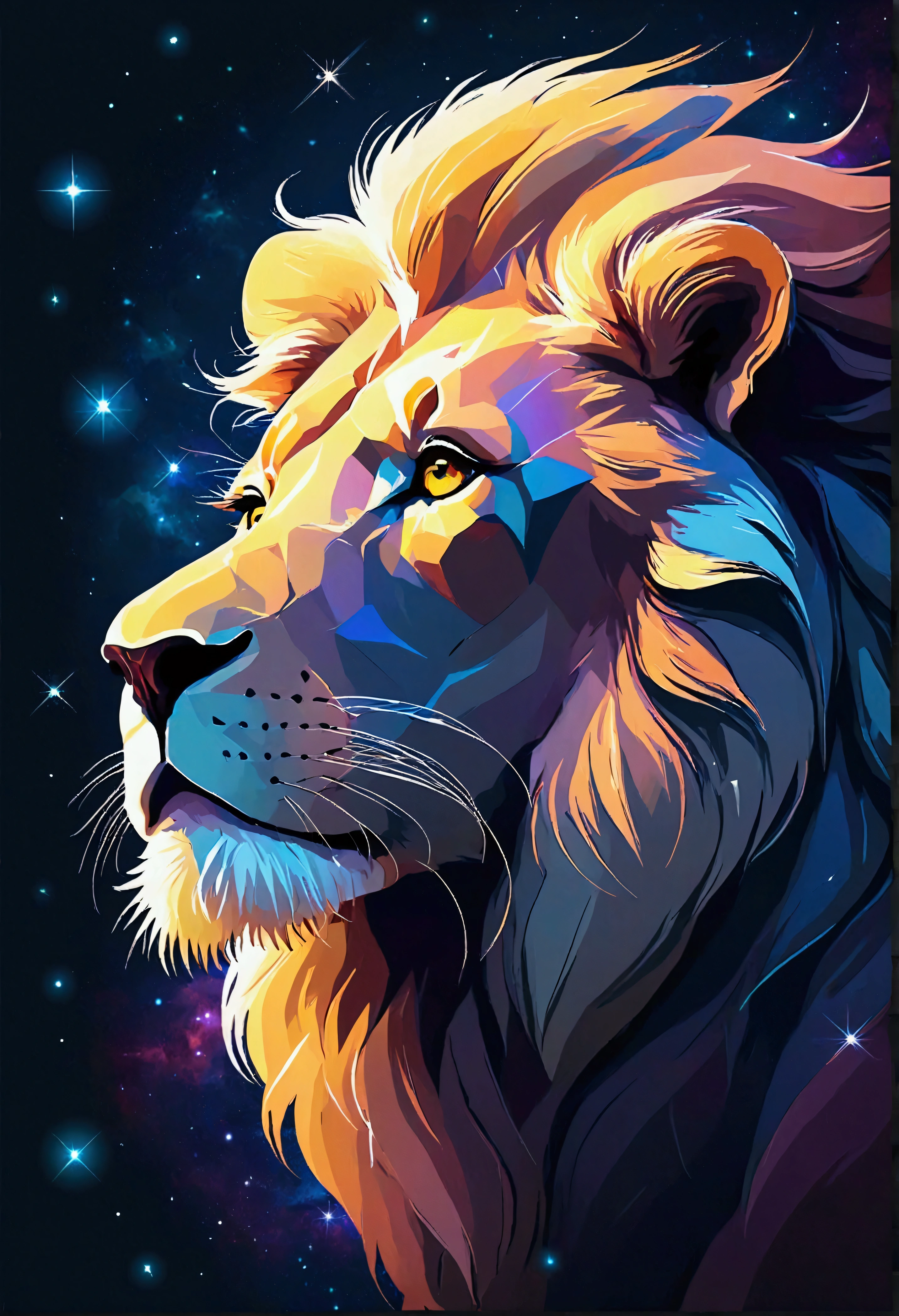 a lion stylized ((silhouette)) formed by bright stars. Cosmic background
