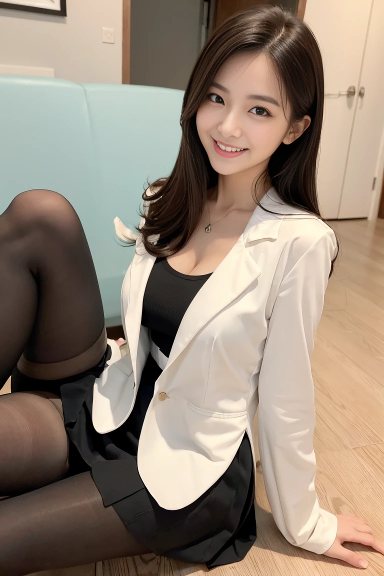 Female doctor wearing a white coat、１men and women、(Smile:1.1)、Slim face、The most beautiful women in the world、Ultra detailed face、Detailed eyes、double eyelid、Kamimei、Perfect Teeth、Perfect Teeth並び、(Glowing Skin)、(Realistic Skin)、Blurred Background、Whole Body Ezbian、frontage、Slim face、Light-colored clothing、Sit on the floor、Black Pantyhose、From above、Long skirt、Lift up your skirt、Panties visible through the skirt、Beautiful Hair、I can see her cleavage、Full body pose、(Pure Eros Face_v1:0.8)、Small Face、smile、Sexy、Hide your hands,Spread your legs、