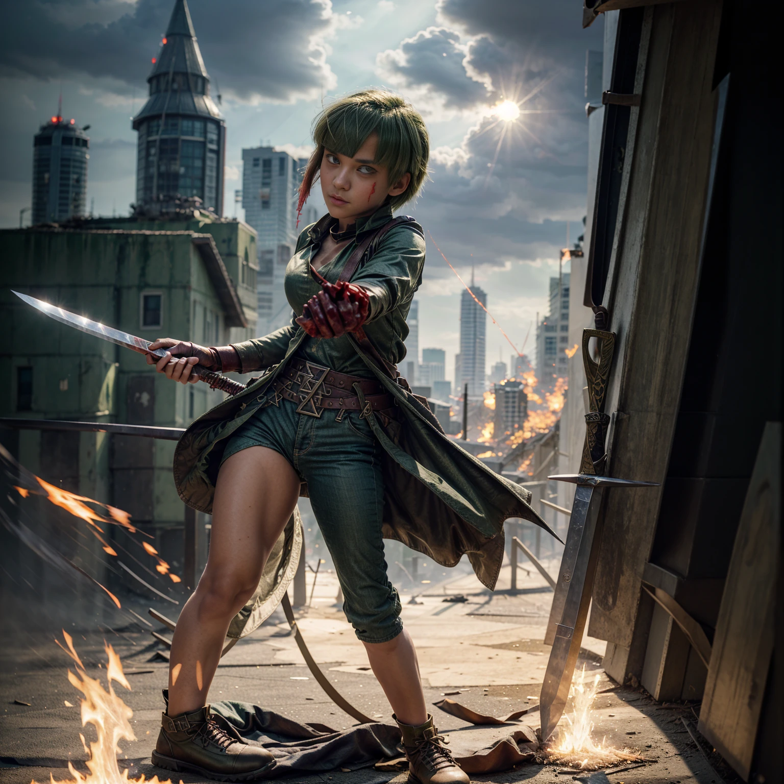 1girl, Full body version, 1character, green eyes, short haircut, (green color hair), soldier style clothing, red colour clothing, jacket, jeans, belt, boots, gloves, Grassroots, background On the roof of a city building, motion blur, (detective conan style art), sword in hand, fire effect on sword, lighting effect on sword, fire effect, smoke effect, aura effect, Moonlight, bloody background, blood on face, blood on shirt, blood on sword