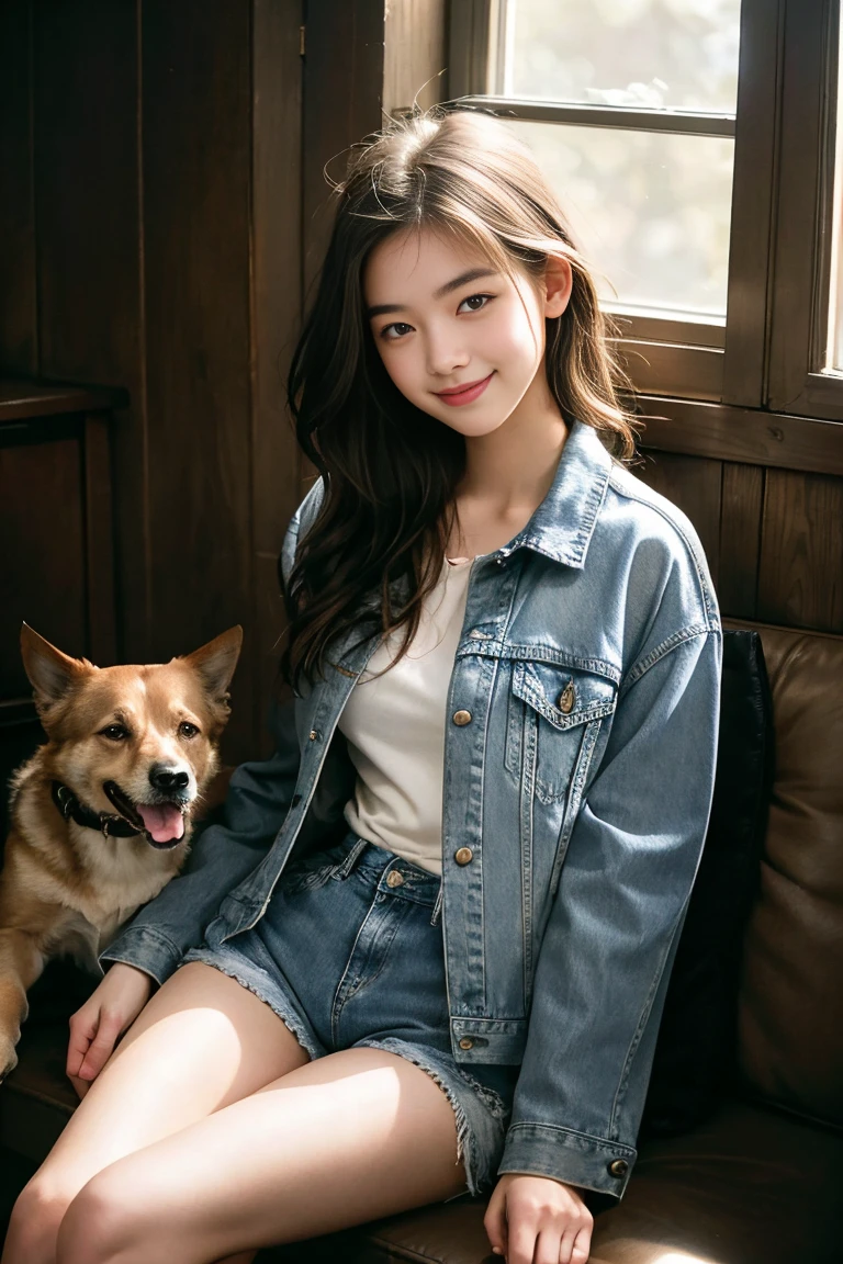 A beautiful young woman, 18 years old, with a slender figure, wearing a short-sleeved denim jacket and denim shorts, smiling shyly while gently petting her dog that is sitting beside her, realistic, photorealistic, cinematic lighting, warm color tones, highly detailed, masterpiece, 8k