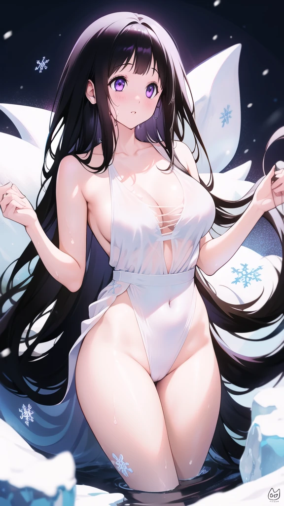 Chitanda,只有一个beautiful girl,Purple Eyes, Black Hair, Natural straight hair, Straight bangs,Extremely refined,open your lips,Face is so red,Very white skin,Skin as delicate as porcelain,Glowing skin,big eyes,Flowing long hair,beautiful girl, Like a dream,Slim,Slim waist,Soft, (Sensual), (Kawaii), Dream quality,Sweaty and sweaty,Wet skin,Side breasts,snowflake,Playing in the snow on the snow mountain,Looking up,Looking up,Thighs clamp hands,It's covered in water,Hands reach into your pants,White transparent dress,Profile,(Completely naked),Gluteal groove,The outline of the breasts is visible through clothing,Completely naked的背部,nacked hip,very close,Deep V neckline,Loose neckline,Beautiful big breasts,No pants,nopan,no pants,Bare shoulders,There are no shoulder straps,Exposed collarbone,Delicate clavicle,Delicate hands and feet,Bare neck,There are no clothes around the neck,Bare thighs,Exposed groin,Camel toe,extremely shy,Ultra-high resolution, (masterpiece:1.2, best quality), (Delicate and beautiful eyes: 1.2), (Beautiful and delicate face)