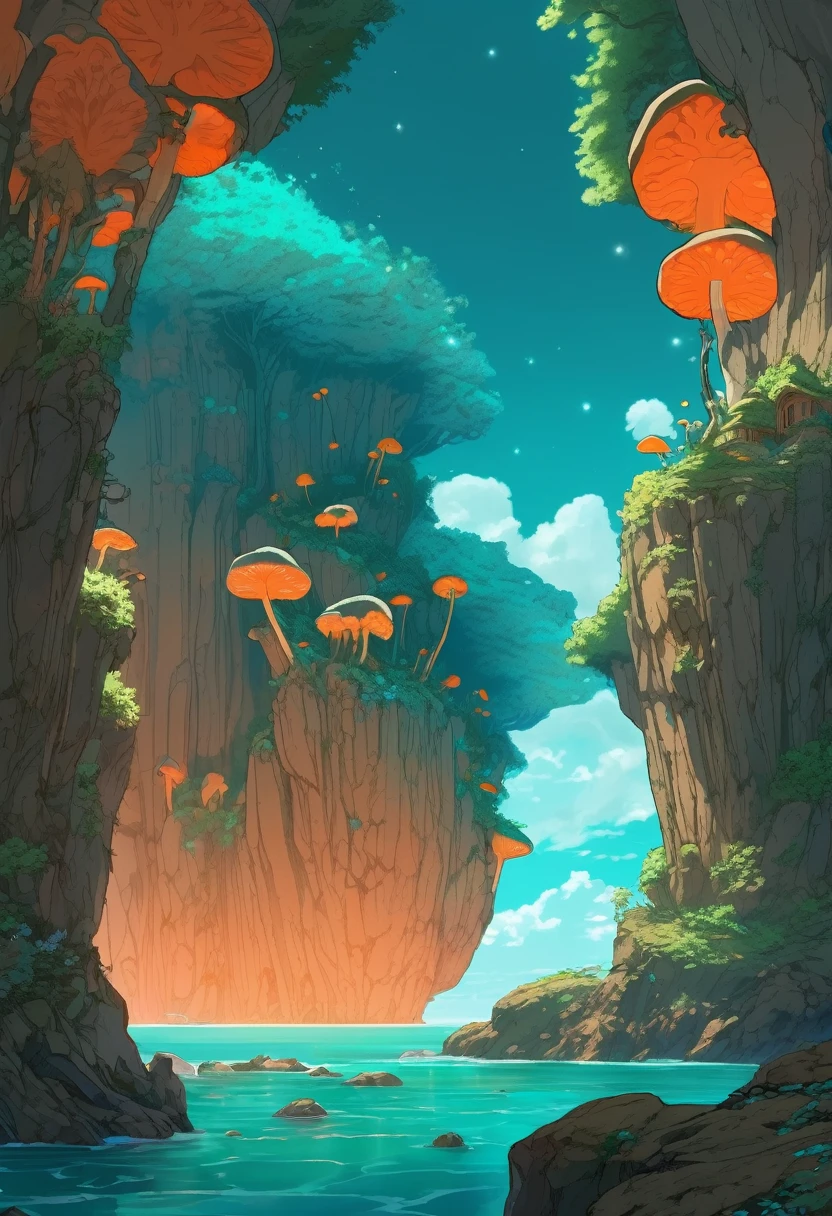 Silk Mushroom Cliffs, Bioluminescent Mushrooms spread across a rocky cliff surface, Mushroom Cliffs of gargantuan size, Turquoise and orange color scheme only, Turquoise and orange colors only, Turquoise and orange, Made in Abyss, Stormlight Archive, Studio Ghibli, Anime Key Visual, by Makoto Shinkai, Deep Color, Intricate, 8k resolution concept art, Natural Lighting, Beautiful Composition