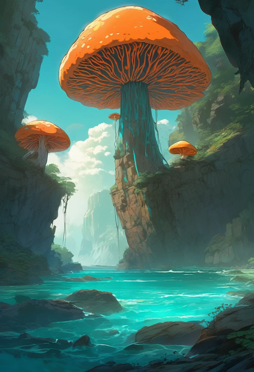 Silk Mushroom Cliffs, Bioluminescent Mushrooms spread across a rocky cliff surface, Mushroom Cliffs of gargantuan size, Turquoise and orange color scheme only, Turquoise and orange colors only, Turquoise and orange, Made in Abyss, Stormlight Archive, Studio Ghibli, Anime Key Visual, by Makoto Shinkai, Deep Color, Intricate, 8k resolution concept art, Natural Lighting, Beautiful Composition