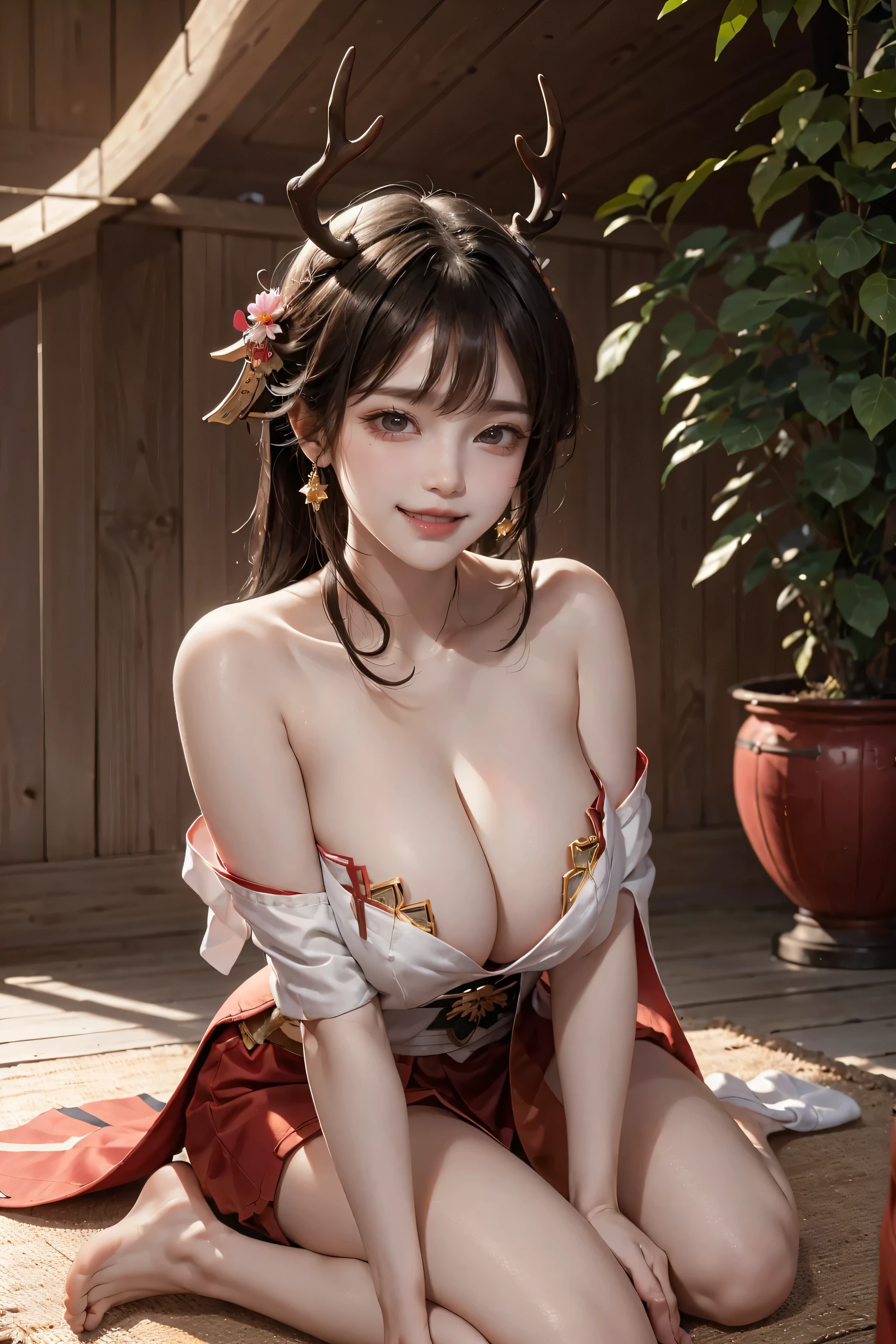 ((16K)),(masterpiece:1.3, Highest quality, Ultra-high resolution, Super detailed), (Realistic, photoRealistic:1.4), Perfect lighting, colorful, Depth of written boundary, Browsing Caution, Surrealism,Face Light,((reindeer horns animal ears)), ((Deer antlers grow from their heads:1.2)),Dynamic pose,(( large breasts:1.4)),Beautiful detailed hair,((Beautiful eyelashes)), Beautifully detailed face, Beautiful fine details, Beautiful clavicle, Beautiful body, thin脚,Beautiful breasts, Beautiful feet, Beautiful Hands, Cleavage, Pointed Chest, thin, 1 girl, 21 years old,Perfect Face, Long eyelashes,Perfect Anatomy, Supermodel with a long neck,((Skinny1.3)),looking at the camera,(Perfect Anatomy,Anatomically correct, Highly detailed skin), Shiny skin,((beautiful girl:1.1)),(Mid-length hair:1.4, Wavy Hair:1.2 :Black Hair) ,See-through bangs,Dainty facial structure, ((Open your mouth and smile:1.3)),((wariza)), ((wearing nontraditional miko:1.3)),Short length, Generate an image of a beautiful morning forest. The scene should include lush green trees and foliage, with a variety of colorful flowers in bloom. The atmosphere should be tranquil and serene, with beams of sunlight filtering through the trees and a slight mist in the air, ((Long Shot:1.1)),((From below))