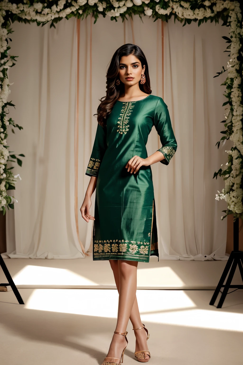 In this cinematic portrait, an elegant Indian model stands poised, dressed in a sophisticated ((copper green cotton kurti))with intricate floral patterns. The kurti features a ((round neckline))with a subtle front slit, elbow-length sleeves, and a straight cut that falls just below the knee with side slits for ease of movement. She pairs it with stylish white ((strappy heels)), adding a modern twist to her traditional outfit.
The model's posture is confident and graceful, with one ((hand resting on her hip))and the other having a chic with ((white watch)). Her soft smile and engaging eyes create a captivating connection with the viewer. The dark background and expert use of rim lighting highlight her silhouette, while key lights accentuate the rich textures and details of the kurti. The interplay of light and shadow adds depth and dimension, creating a timeless and elegant ambiance. This cinematic lighting effect enhances the model's natural beauty and the sophisticated charm of her attire.