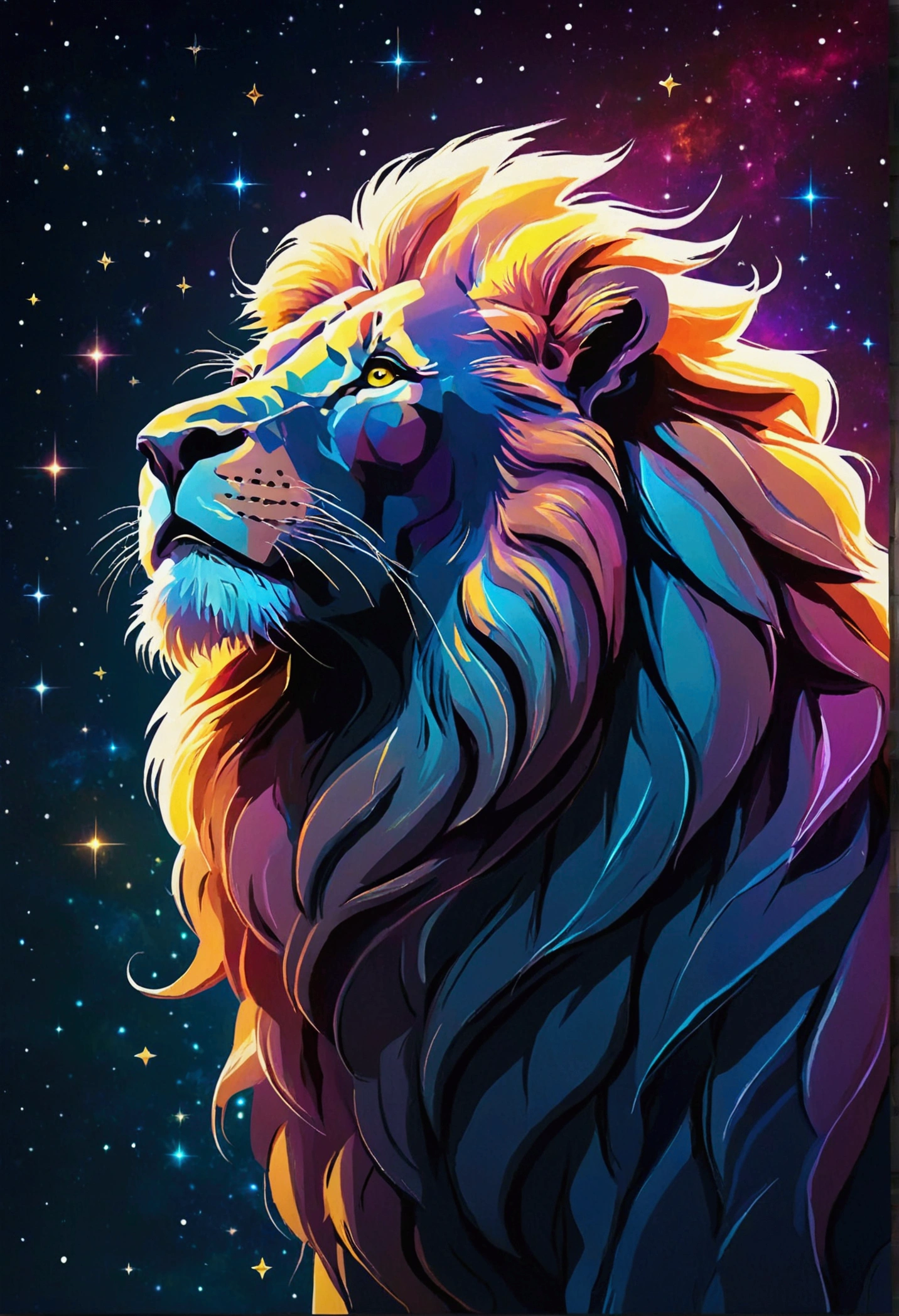 a silhouette of a stylized lion, composed by bright stars. Cosmic background