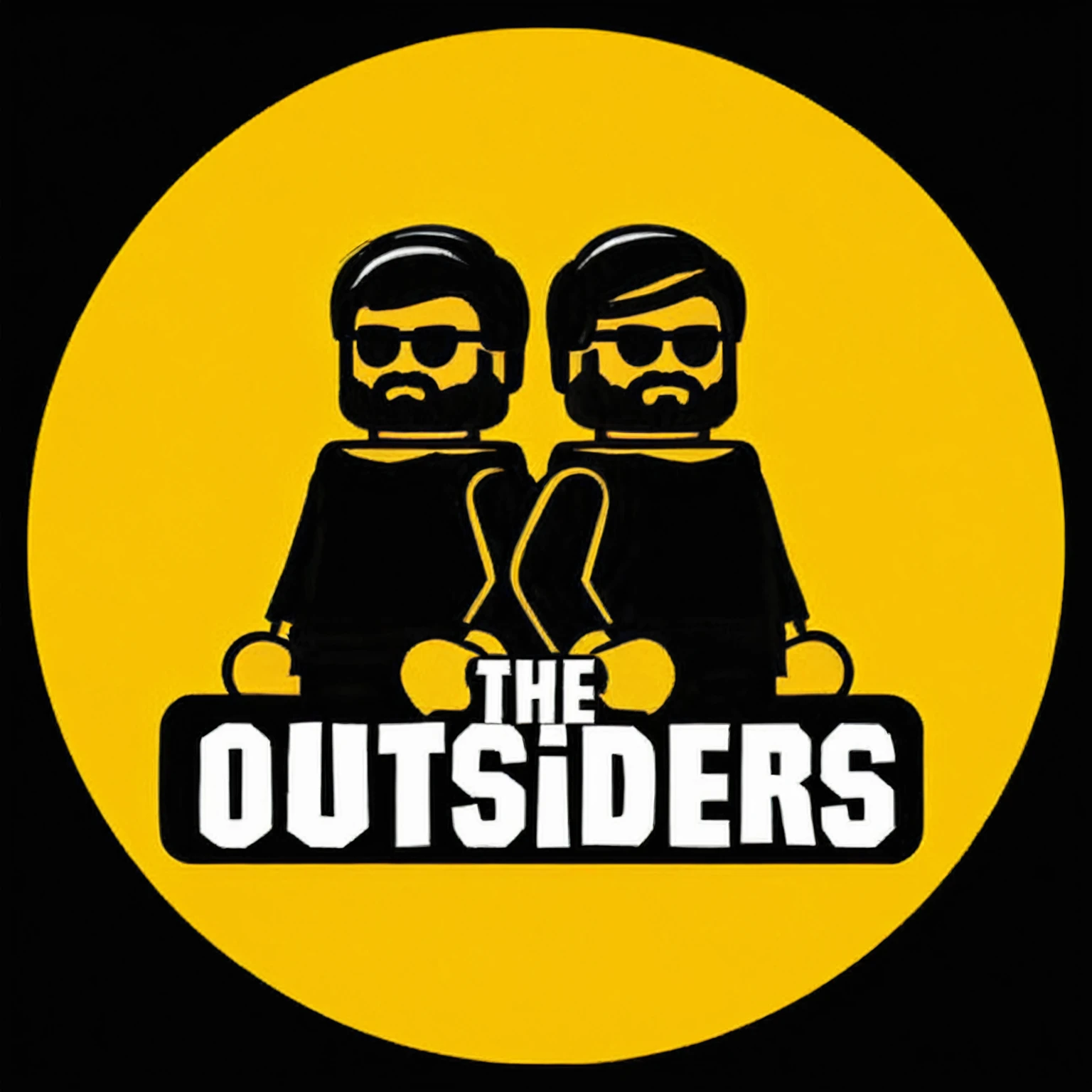 Logo inspired by the 2010s, with the name 'The Outsiders', predominantly in black and yellow, written correctly, two Lego men back-to-back all bearded, black silhouette, one lego have beard and coque samurai, the other lego have a castanho beard and a little afro hair