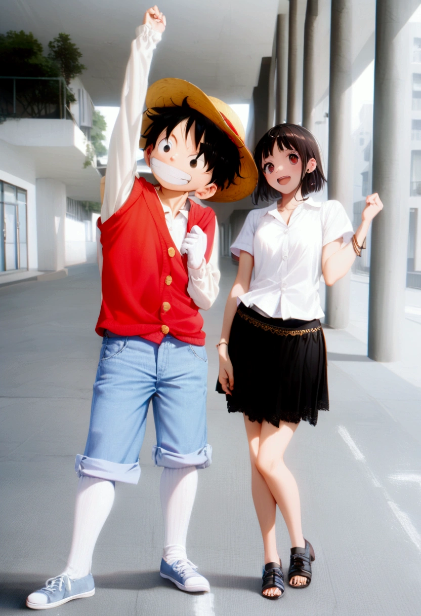 young female college student, together with Luffy, at building