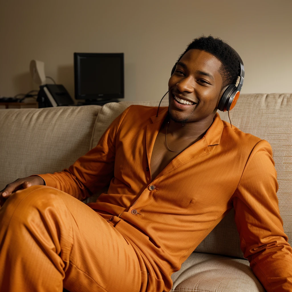 A detailed front view image of a young Black man smiling, wearing headphones, dressed in an orange suit, sitting relaxed on a sofa, looking upwards, high-resolution, photorealistic, background: 100% white