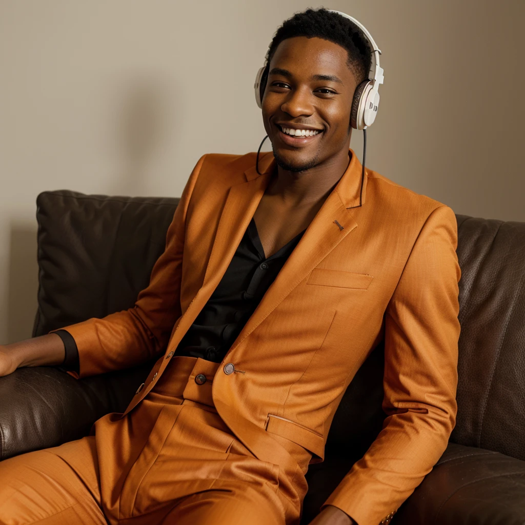 A detailed front view image of a young Black man smiling, wearing headphones, dressed in an orange suit, sitting relaxed on a sofa, looking upwards, high-resolution, photorealistic, background: 100% white