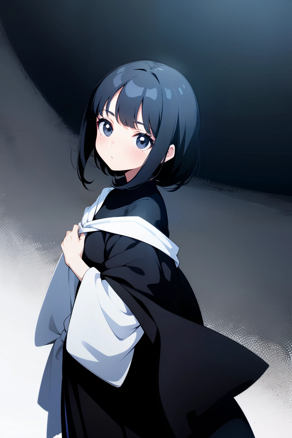 anime girl with black eyes black hair and outfit black white, cute girl