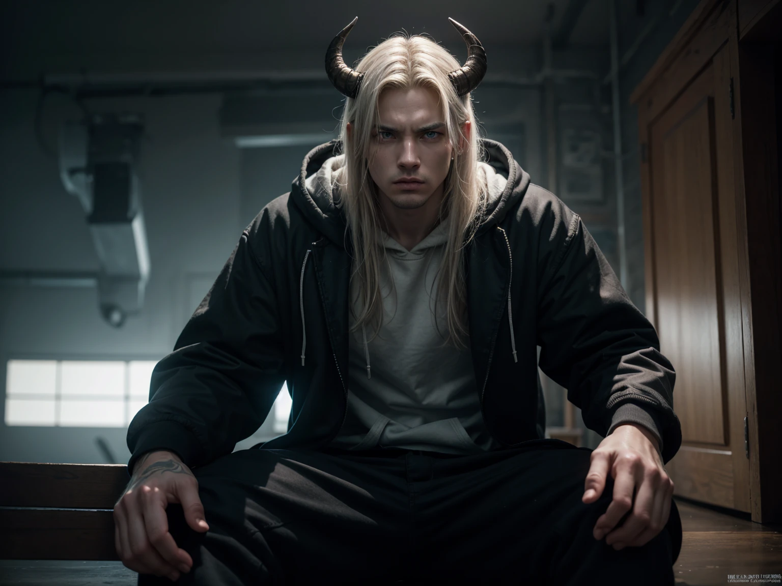 best quality,8k,highres,masterpiece:1.2,ultra-detailed,hyper detailed,extremely detailed,highly detailed,sharp focus,physically-based rendering,professional,vivid colors,studio lighting,epic,fantasy,surreal,cinematic,dramatic lighting,chiaroscuro,concept art,digital art,fantasy character,male character,humanoid,humanoid character,man with horns,man with claws,man with white hoodie,man with black pants,man with white sneakers,man with long white hair,man with blue eyes,moody,mysterious,dark and moody