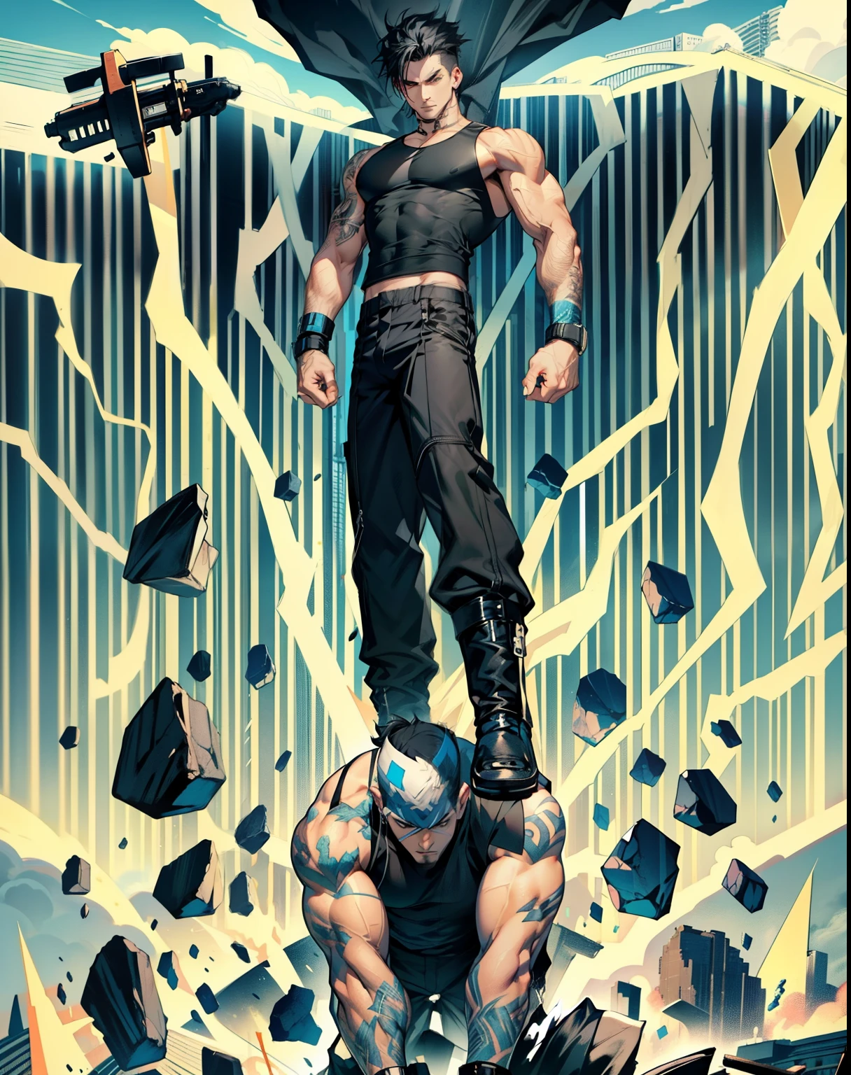 boys 26 Years old, Serious face, wearing black sleeveless shirt, black pants, black hair, levitate on sky, blue sky, cloud