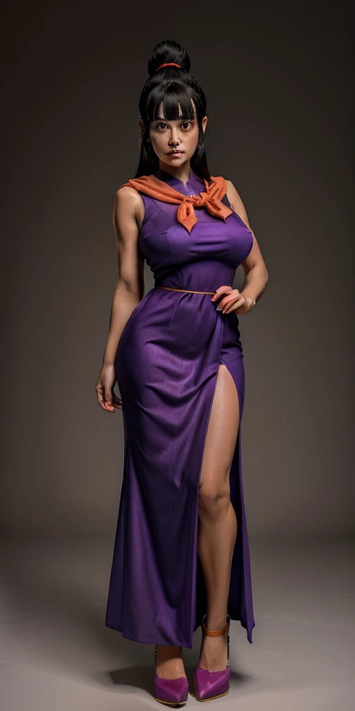 chichi_dbz, standing, solo, large_breasts, Purple_Dress_Orange_Neckerchief, masterpiece, best quality, detailed face, detailed eyes, highres, full body show. 