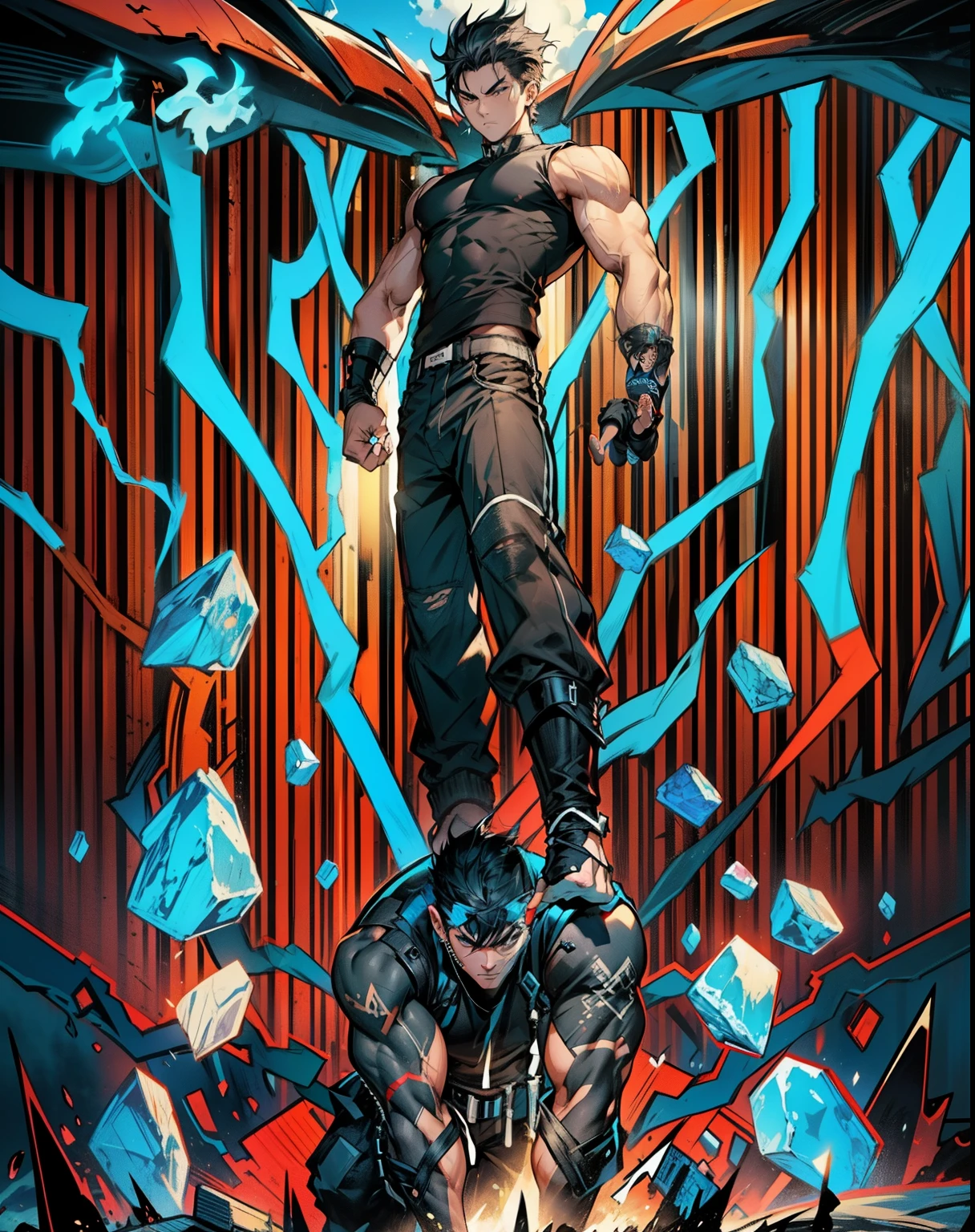 boys 26 Years old, Serious face, wearing black sleeveless shirt, black pants, black hair, levitate on sky, blue sky, cloud