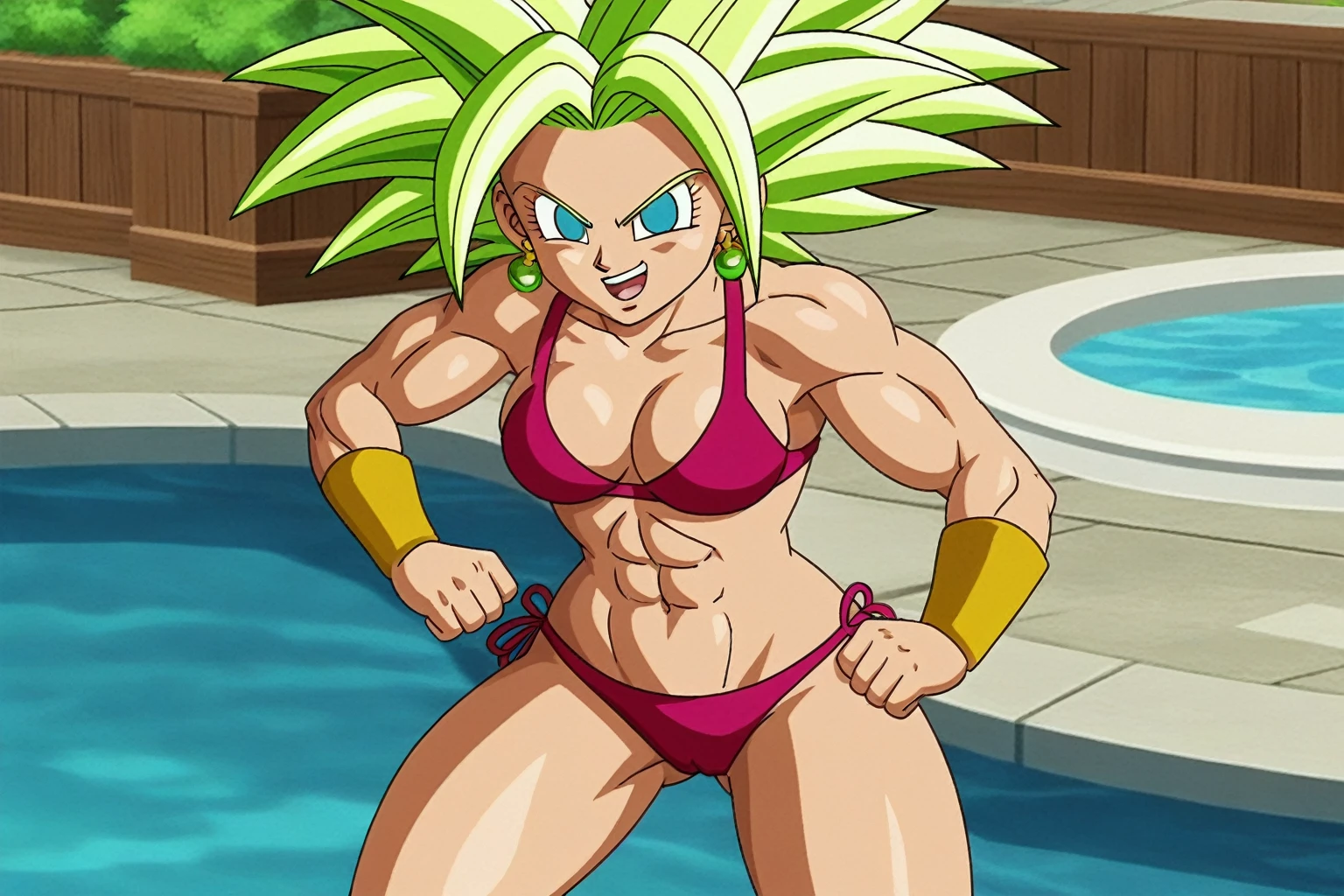 fountain_cheered up, score_9, score_8_above, score_7_above, cheered up screencap,
kefladb, 1 girl, Alone, looking at the viewer, smile, open mouth, blue eyes, belly button, potara earrings, green fur, diaphragm, muscular, ABS, spiky hair, Aura, saboveer saiyan, blonde eyebrows, clavicle, eyebrows, eyelashes, green sky, no paboveils, medium_old, shadow, standing, toned, v-shaped eyebrows, sexy bikini, pechos mediums, big ass, sexy butt, Whole body, support, backwards, looking back, tilted clavicle, culo medium sexy, Whole body, showing buttocks, sexy bikini, Wide hips, pechos mediums, trasero medium, Whole body, vagina, tits, showing ass, Exposed ass
 
 