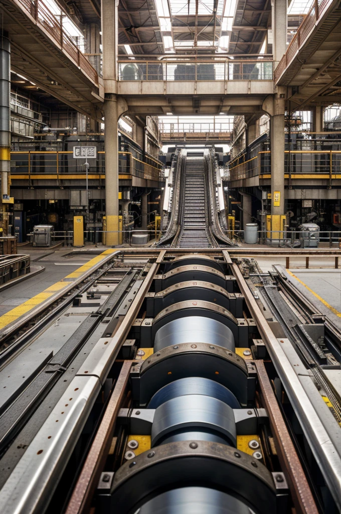 belt conveyer In the heart of a bustling city, from slanting, there lies a soft drink factory, its interior a marvel of modern industrial design. The production line, a seamless dance of machinery and technology, hums with the rhythm of efficiency. Realistic photography captures every detail of this real, functioning space, from the metallic sheen of the machinery to the vibrant colors of the soft drink bottles lining the conveyor belts. Every angle, every detail, is rendered in stunning 8K resolution. Observe as the assembly line transforms raw materials into finished products, a testament to the marvels of industrial production.