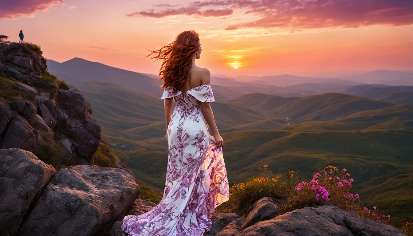 dramatic scene, a woman standing on a rocky terrain during sunset. view from behind, The style is highly detailed and realistic, with a focus on the dramatic sky and natural landscape. The woman has long, wavy red hair cascading down her back and is wearing a flowing, off-shoulder white dress with floral patterns. Her skin is fair, and she is gazing towards the horizon where the sun is setting behind distant mountains. The sky is a blend of deep purples, oranges, and pinks, creating a vibrant and serene atmosphere. Two birds are flying in the sky, adding to the sense of tranquility and freedom in the scene.