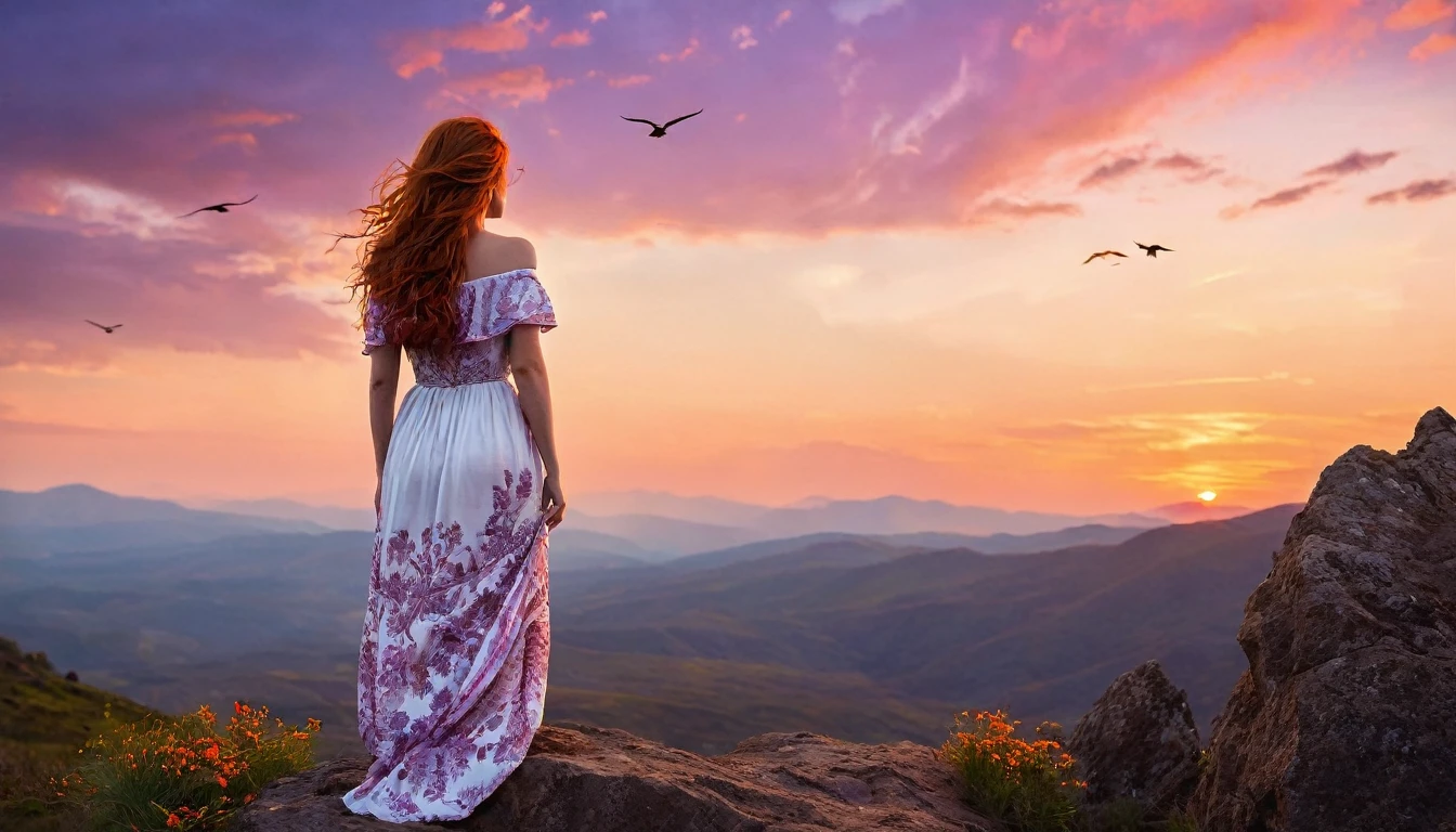 dramatic scene, a woman standing on a rocky terrain during sunset. view from behind, The style is highly detailed and realistic, with a focus on the dramatic sky and natural landscape. The woman has long, wavy red hair cascading down her back and is wearing a flowing, off-shoulder white dress with floral patterns. Her skin is fair, and she is gazing towards the horizon where the sun is setting behind distant mountains. The sky is a blend of deep purples, oranges, and pinks, creating a vibrant and serene atmosphere. Two birds are flying in the sky, adding to the sense of tranquility and freedom in the scene.