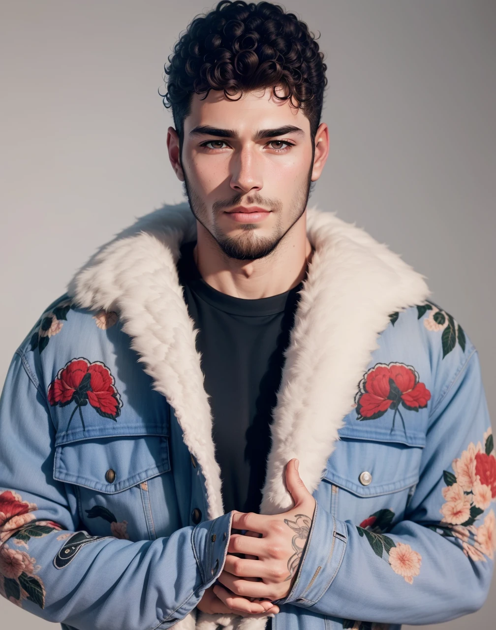 RAW photo, a (potrait:1.2) of a very handsome male, with curly hair (high detailed skin:1.2), 8k uhd, dslr, soft lighting, high quality, film grain, Fujifilm XT3