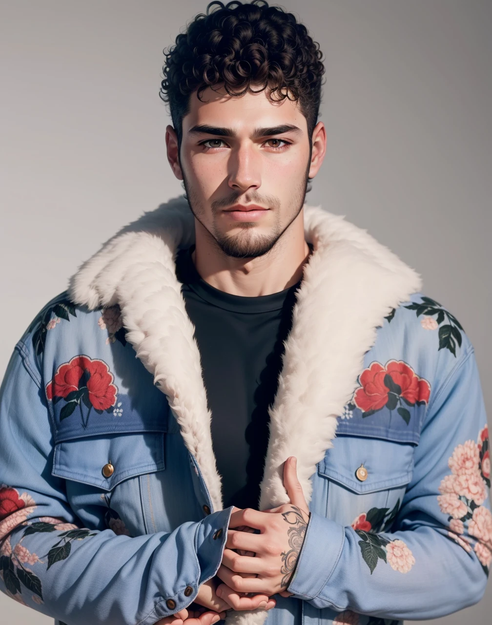 RAW photo, a (potrait:1.2) of a very handsome male, with curly hair (high detailed skin:1.2), 8k uhd, dslr, soft lighting, high quality, film grain, Fujifilm XT3