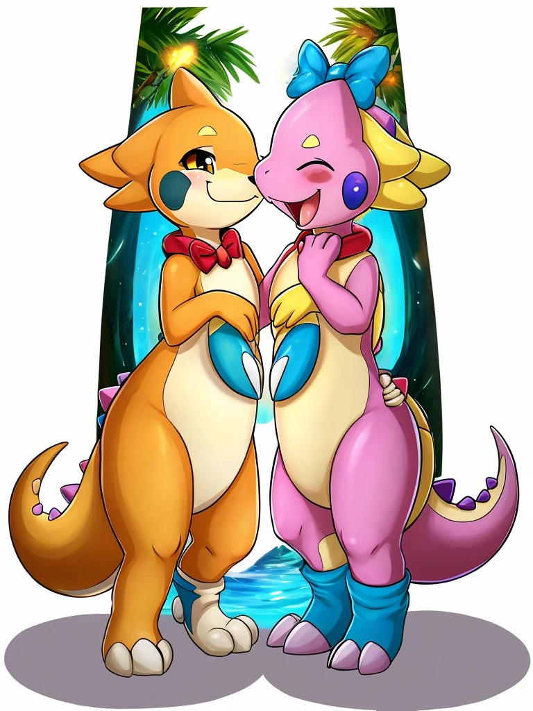 Bub, bubble bobble video game, green scalie, skill,
Bubble dragon, different positions, two cartoon dinosaurs with bows on their heads, one is talking on the phone, cute pokemon style, ambos laughing, Beautiful ajolote, SFW version, buizel and human fusion, beautiful colorful adorable, Twins, Beautiful work of art, laughing, digimon glamorous angelic woman, beautiful digital art, Guggimon, adult pair of Twins