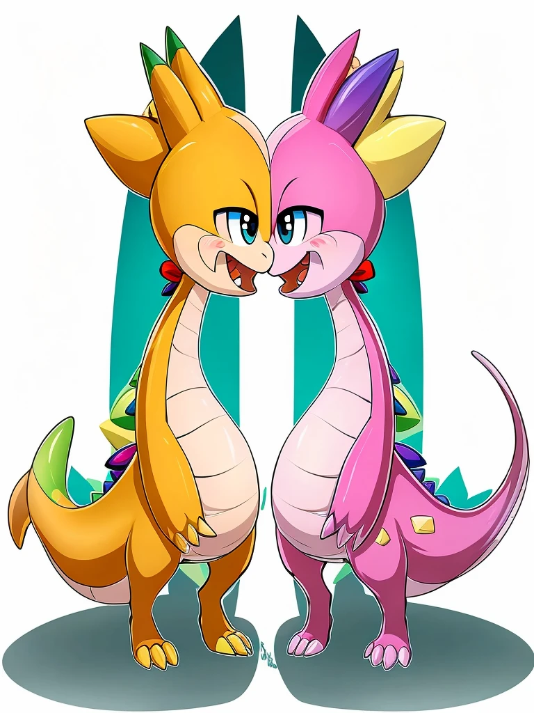 Bub, bubble bobble video game, green scalie, skill,
Bubble dragon, different positions, two cartoon dinosaurs with bows on their heads, one is talking on the phone, cute pokemon style, ambos laughing, Beautiful ajolote, SFW version, buizel and human fusion, beautiful colorful adorable, Twins, Beautiful work of art, laughing, digimon glamorous angelic woman, beautiful digital art, Guggimon, adult pair of Twins