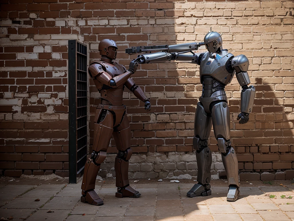 Create an image where a brick wall is being built by a humanoid robot with a rustic steel structure, the robot must be represented working with a bricklayer and the entire image must look as real as possible